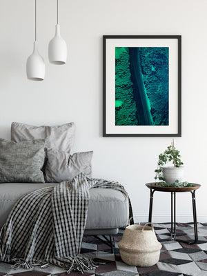 Blue Greent abstract wall print framed in black frame with modern styling