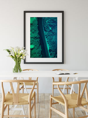 Blue Greent abstract wall print framed in black frame with modern styling