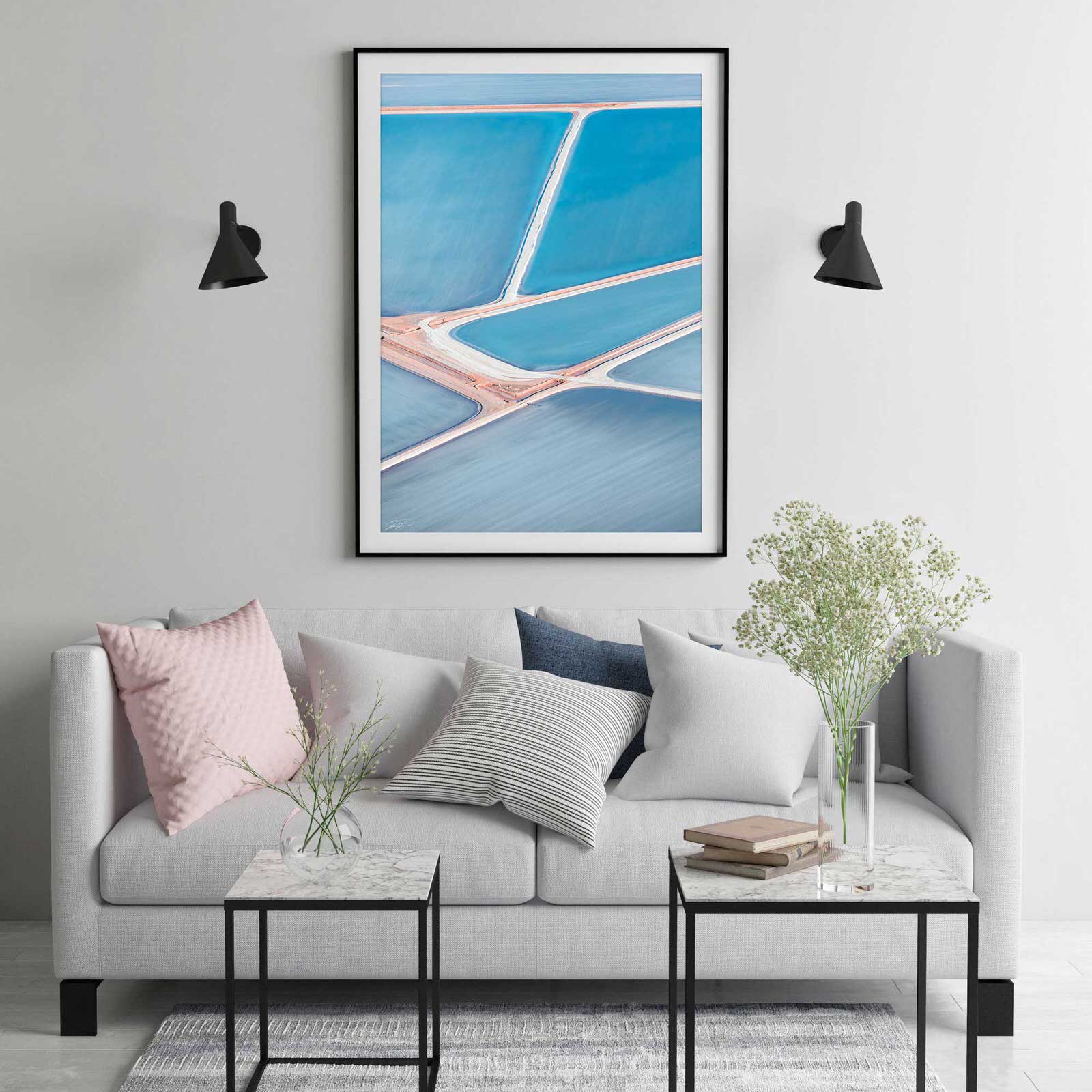 Black Framed Wall art with abstract blue aerial photography