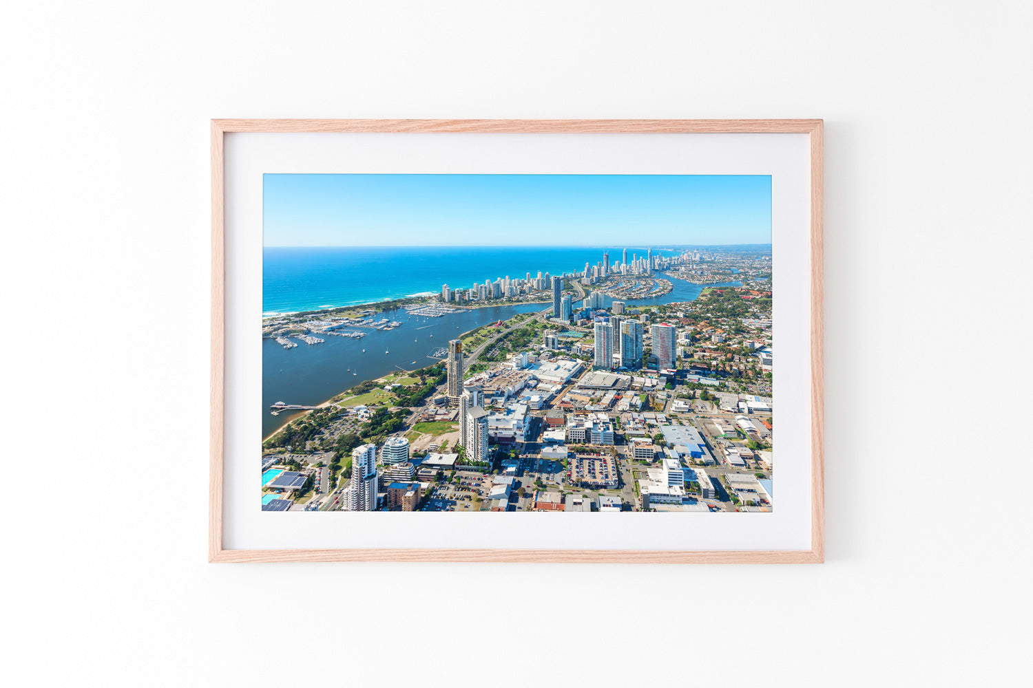The Southport Broadwater aerial print shown as an unframed fine art print.