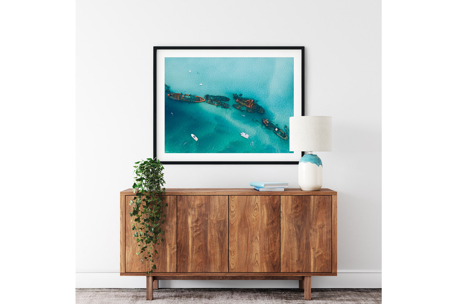Coastal print shipwrecks Tangalooma framed art