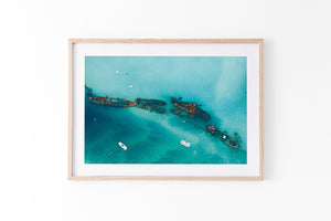 Tangalooma Shipwrecks Brisbane aerial photography in oak frame