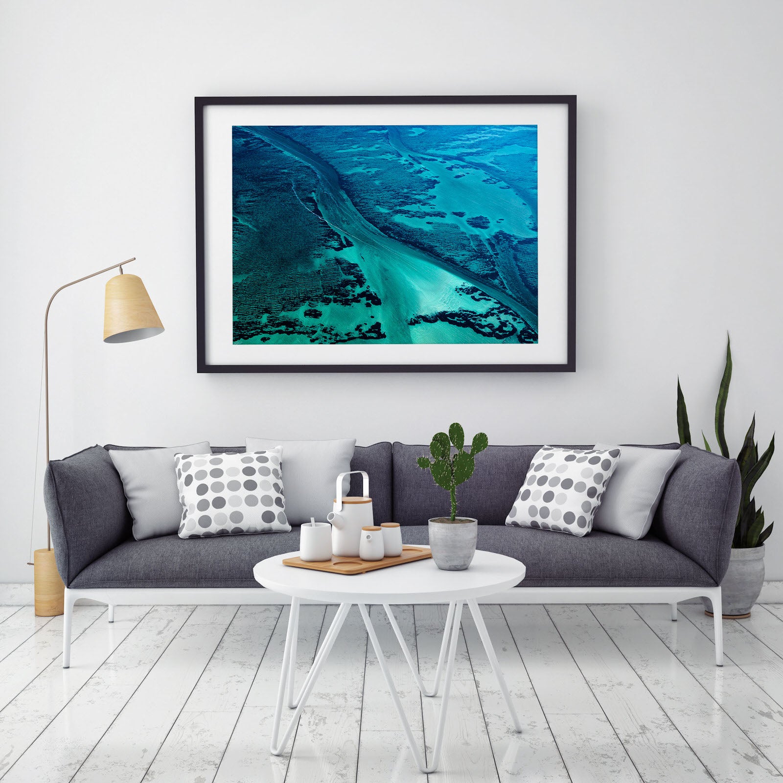 Modern framed artwork abstract aerial prints with blue green colour