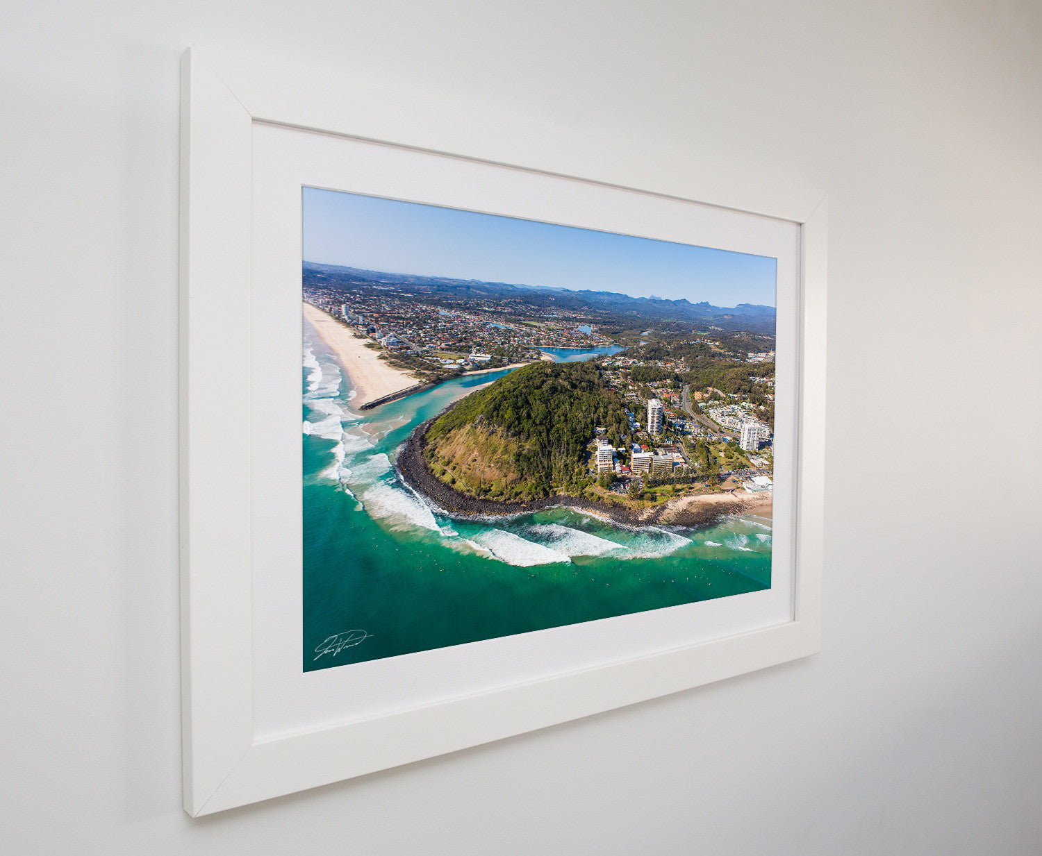 Crisp white framed metallic print Gold Coast