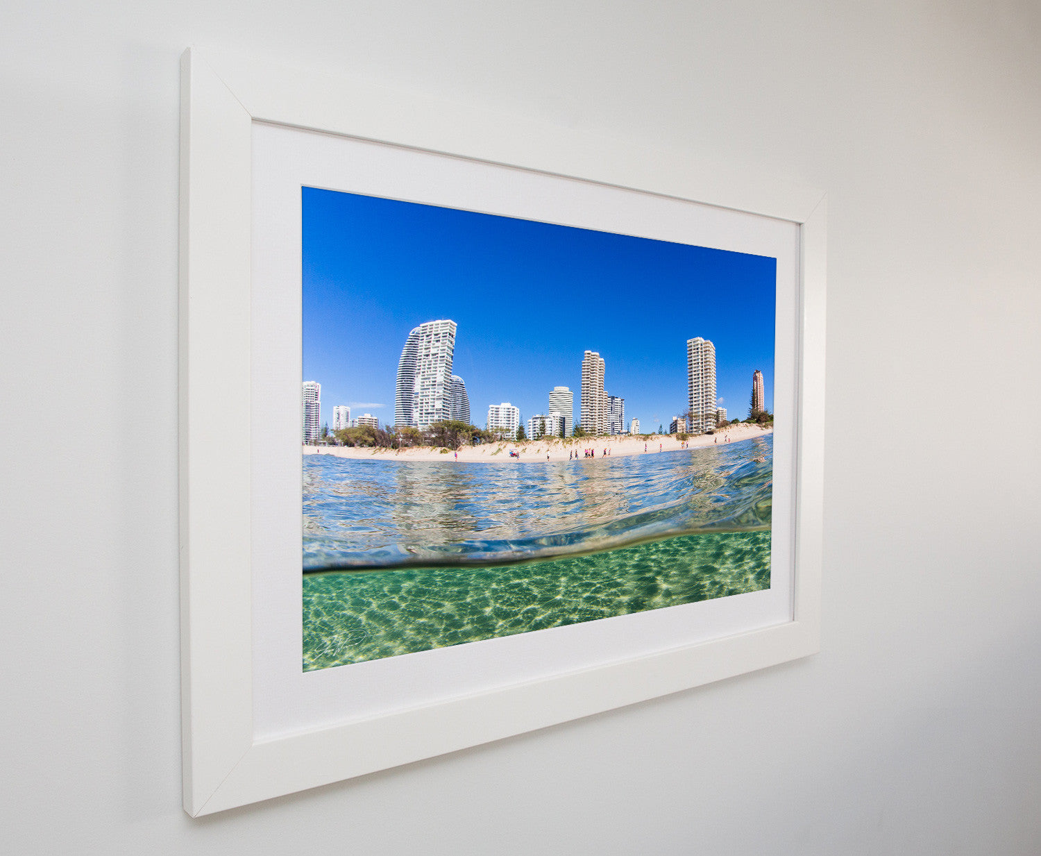Crisp white framed metallic print