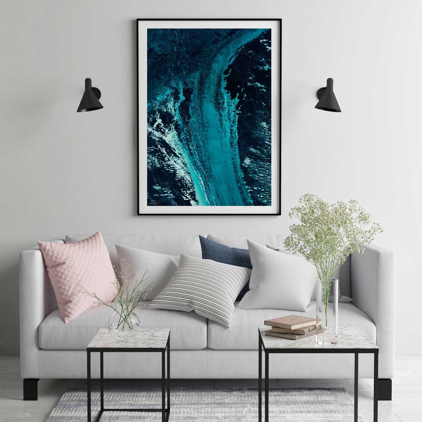 Abstract textured wall art with blue and green textured beach ocean images